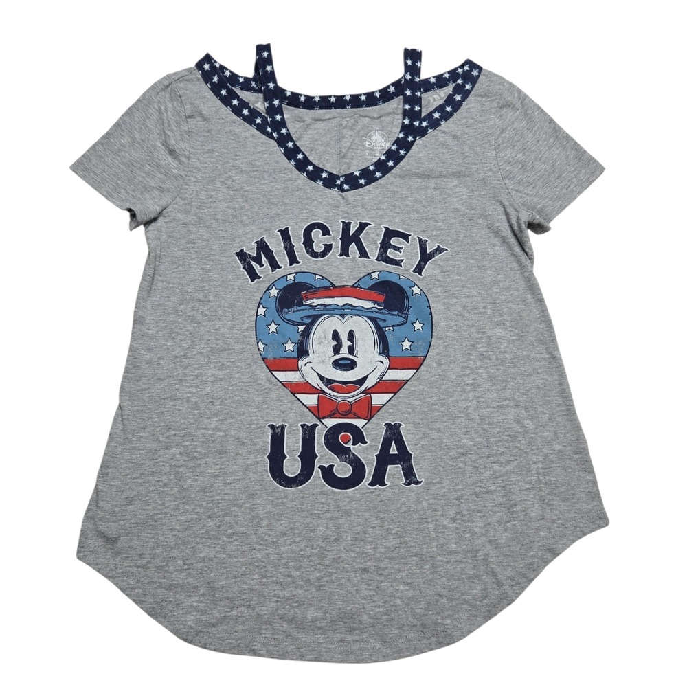 Disney Parks Mickey Mouse USA T-Shirt Womens Small Gray Patriotic Strappy V-Neck